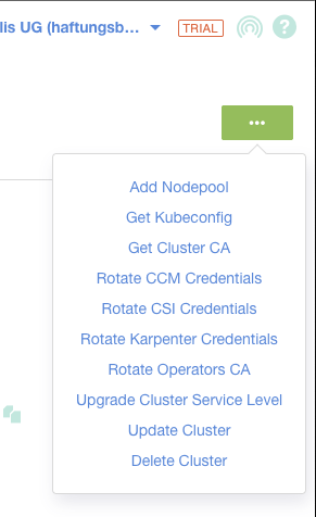 Cluster actions menu showing Get Kubeconfig, Rotate Credentials, and management options