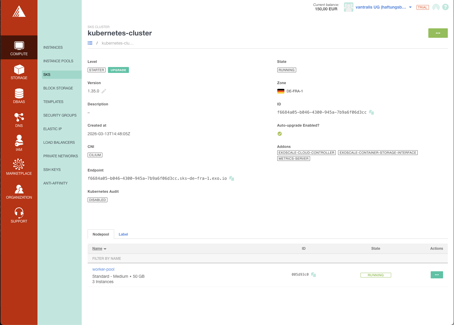 Cluster detail page showing Kubernetes 1.35.0, Cilium CNI, CCM/CSI addons, and worker pool