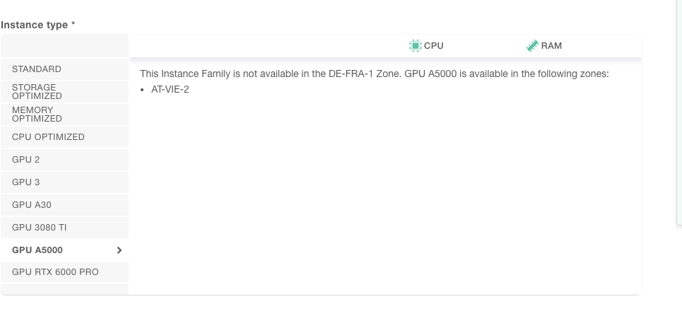 GPU A5000 showing zone availability limited to AT-VIE-2