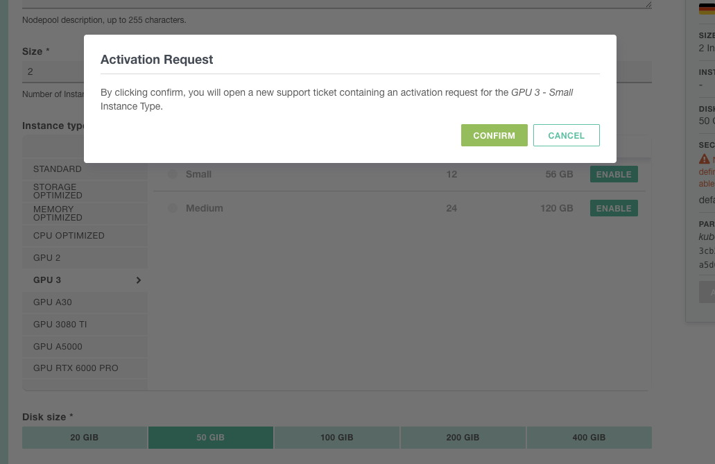 GPU 3 Small activation request dialog in the Exoscale console