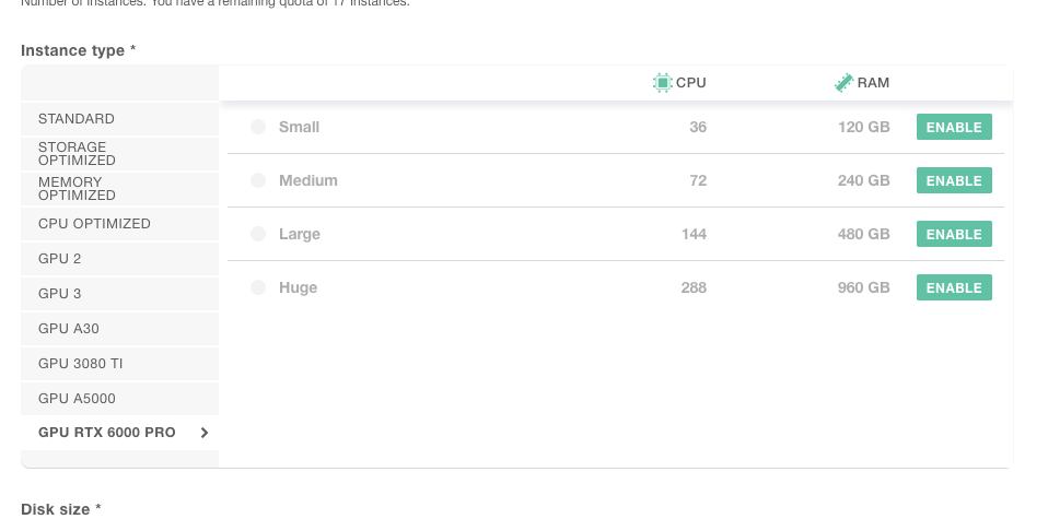 GPU RTX 6000 PRO instance types ranging from Small to Huge