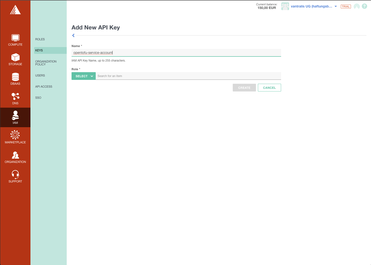 IAM page showing creation of opentofu-service-account API key
