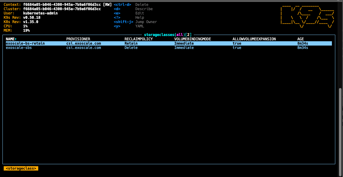 k9s showing exoscale-bs-retain and exoscale-sbs storage classes, no default set
