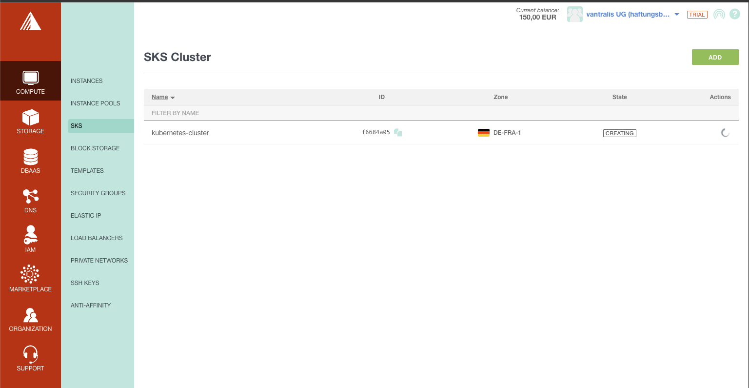 SKS Cluster list showing kubernetes-cluster in CREATING state in DE-FRA-1