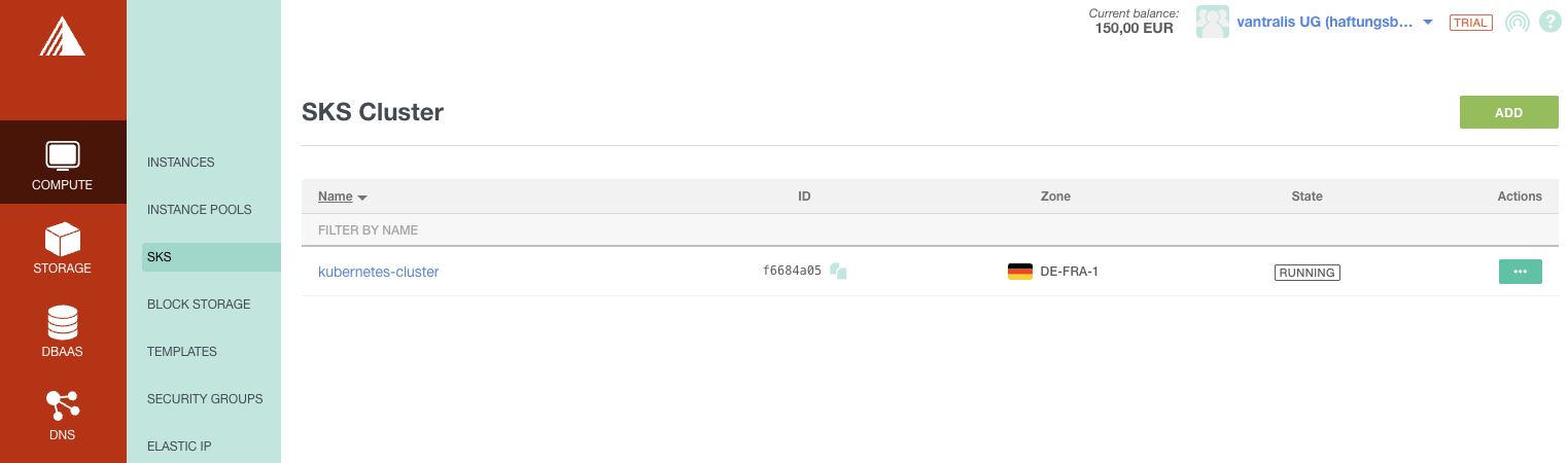 SKS Cluster showing RUNNING state with 3 worker nodes in DE-FRA-1