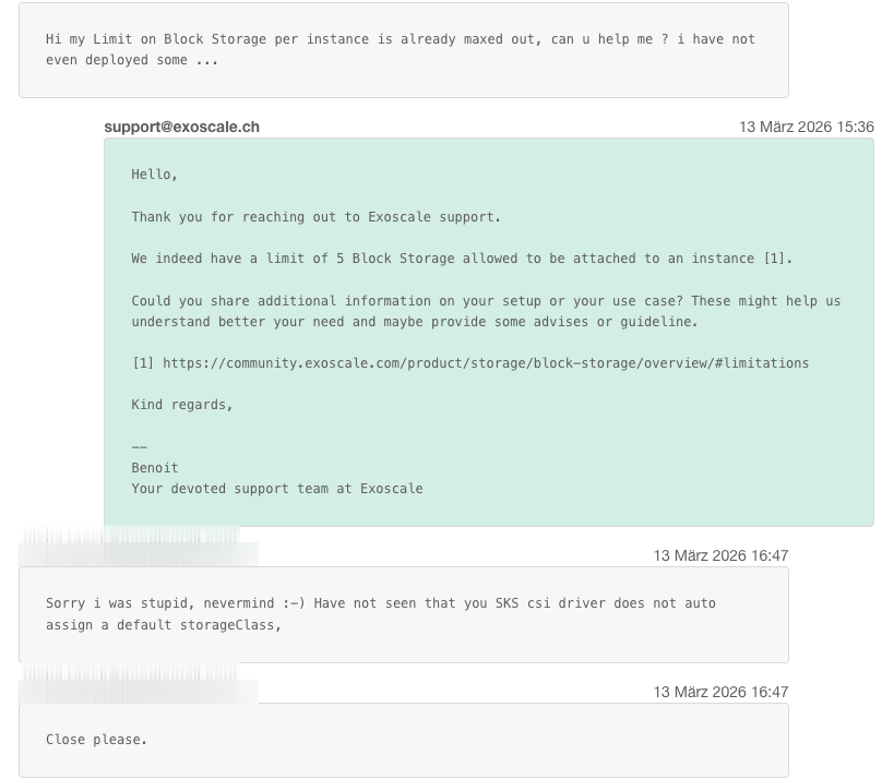 Support ticket about Block Storage limit with fast, helpful response from Exoscale
