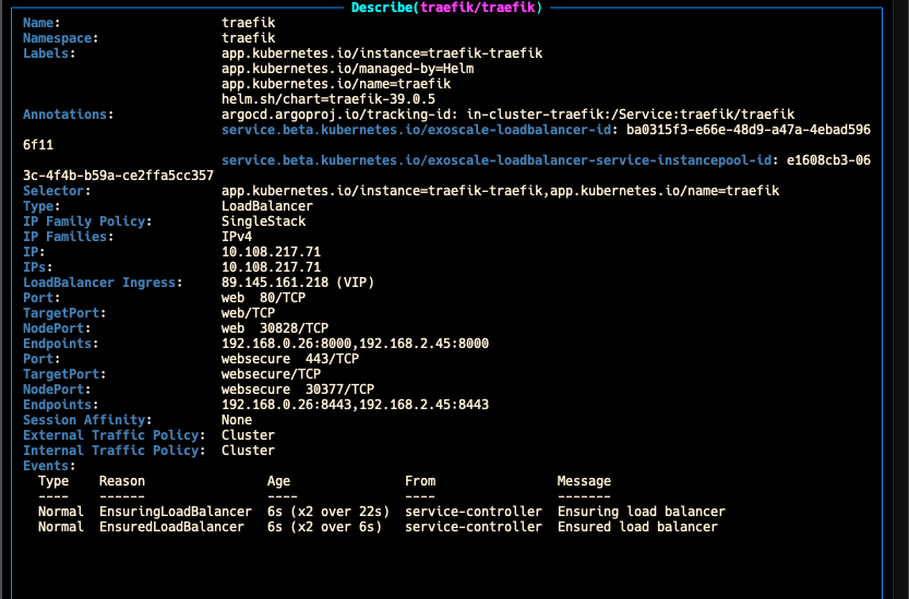 kubectl describe showing Traefik LoadBalancer with public IP 89.145.161.218 provisioned in 6 seconds