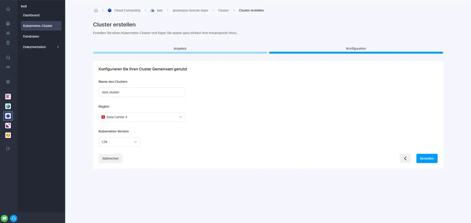 Cluster configuration showing only Kubernetes 1.34 available