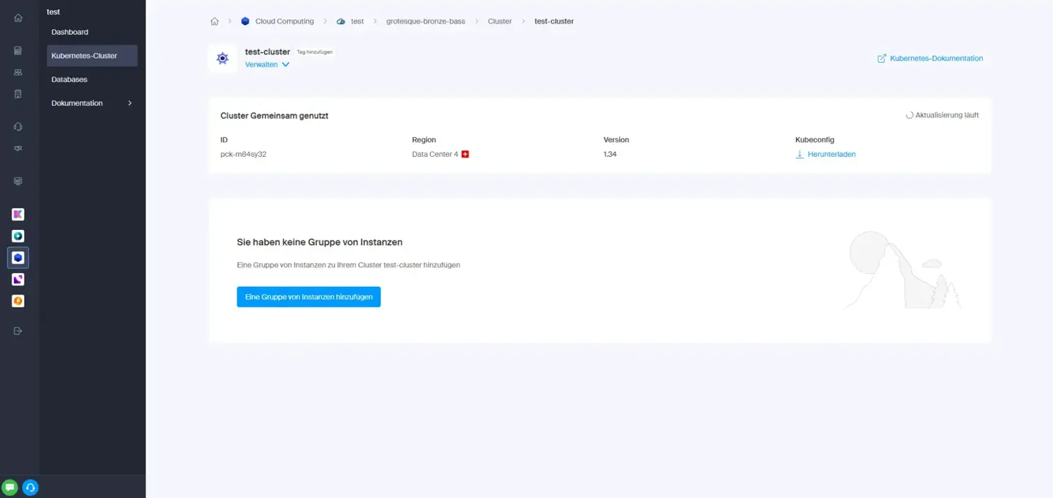 Dashboard showing cluster update in progress