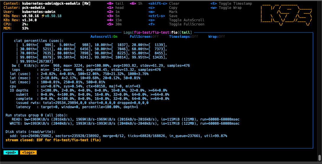 fio benchmark results showing approximately 500 IOPS