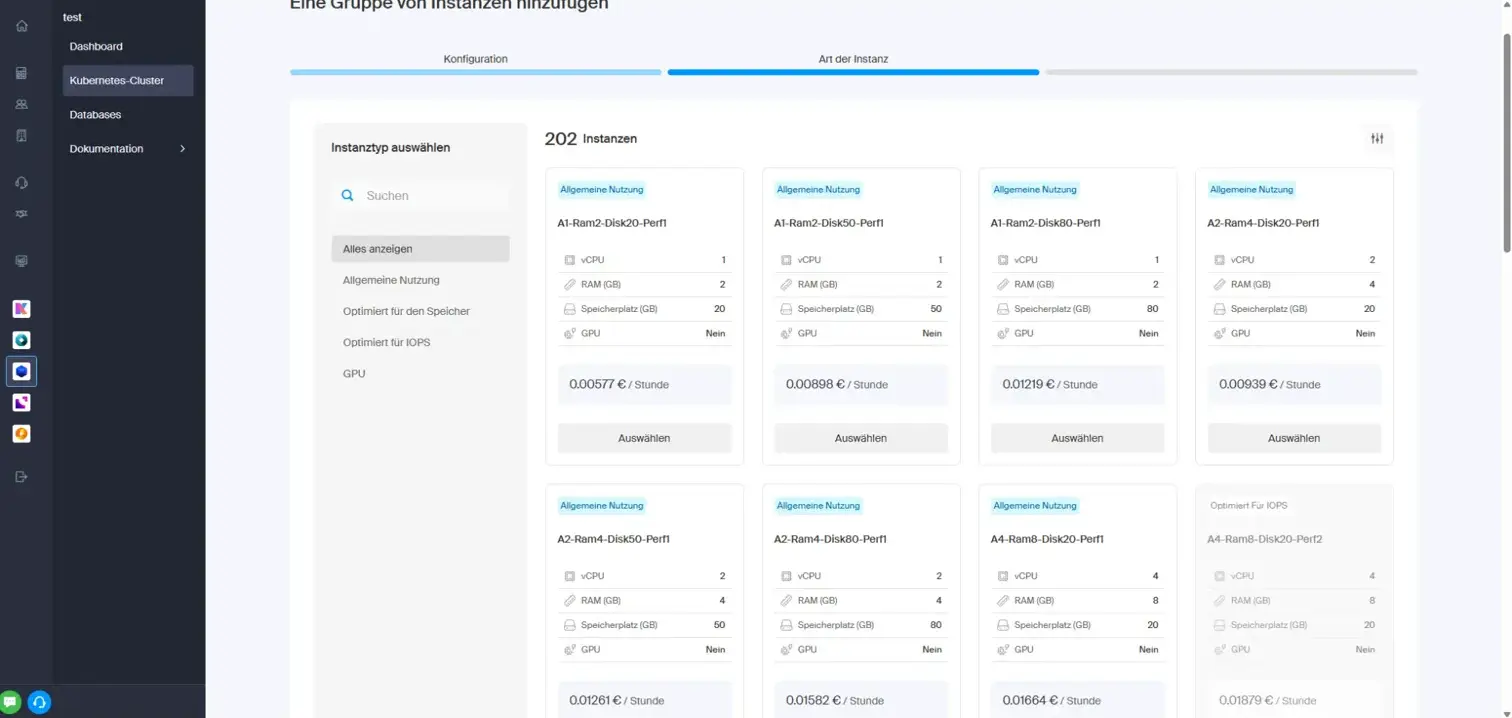 Instance type selection showing 202 available flavors