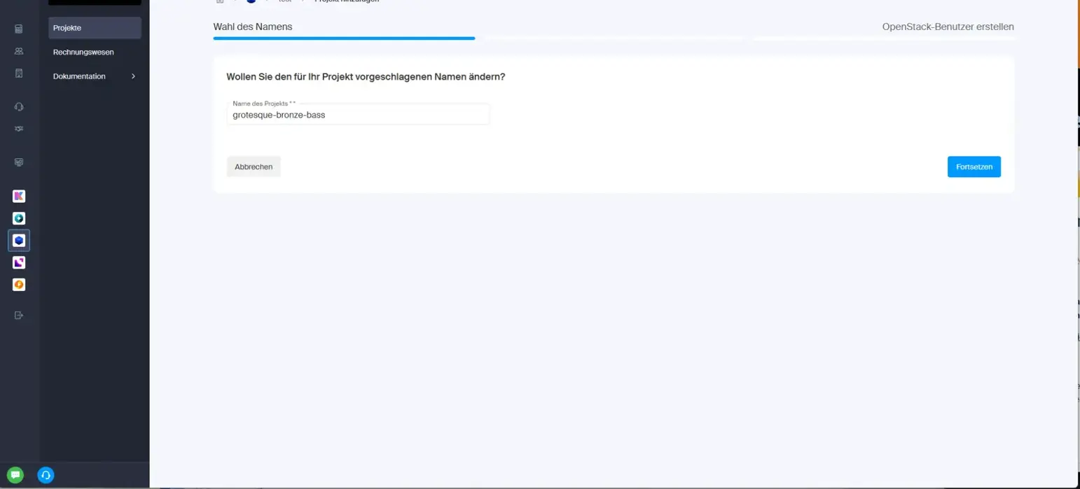 Project naming screen showing quirky auto-generated name