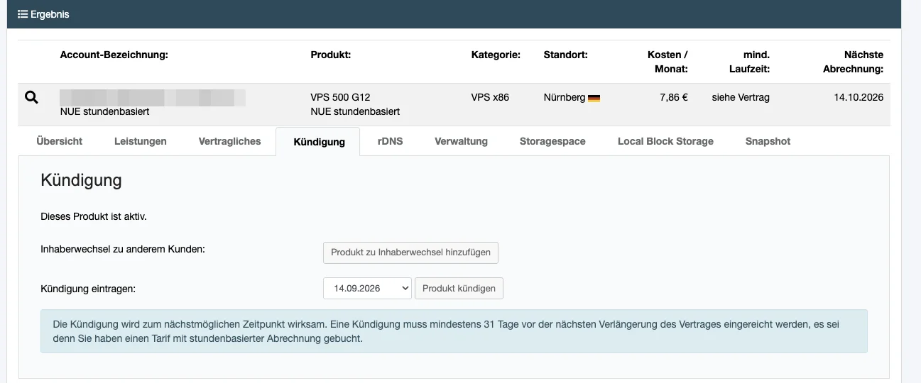 netcup customer panel showing VPS 500 G12 at €7.86/month, hourly billing, Nuremberg