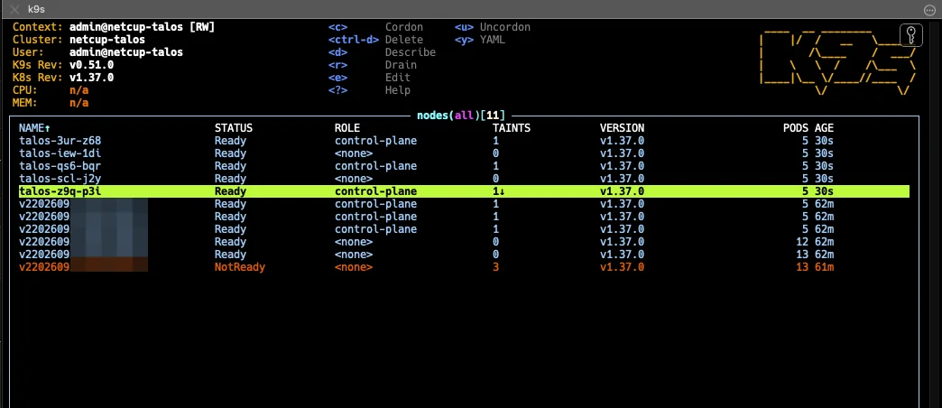 k9s showing eleven node objects: six original names plus five talos-xxx duplicates, one NotReady