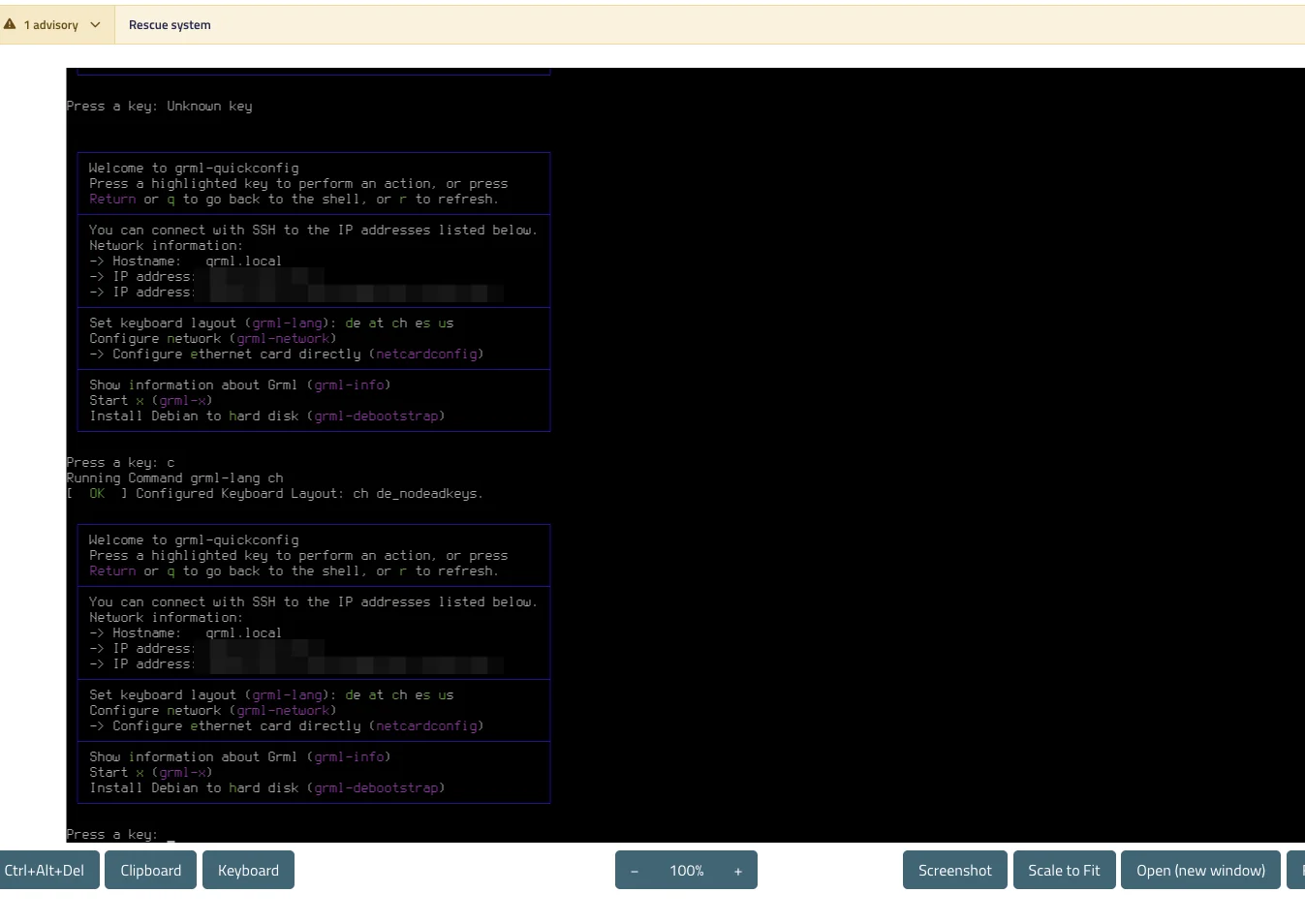 grml rescue system console on a netcup VPS showing the assigned IP and SSH availability