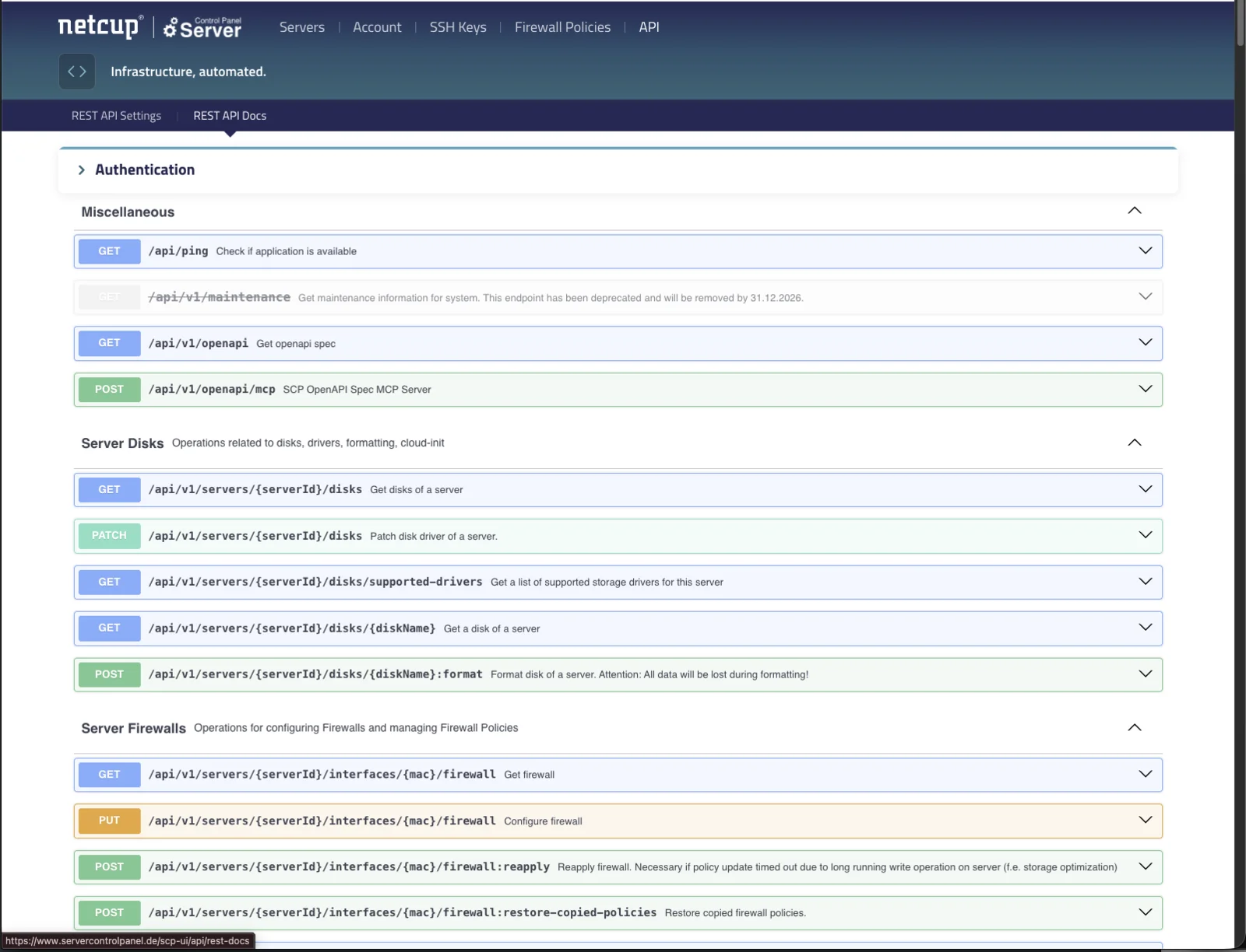 netcup REST API documentation showing server disk, firewall and OpenAPI MCP endpoints