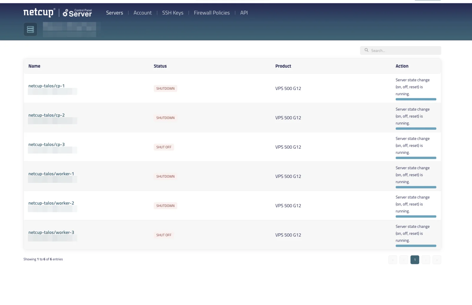 netcup Server Control Panel listing six VPS 500 G12 with nicknames netcup-talos/cp-1 to worker-3
