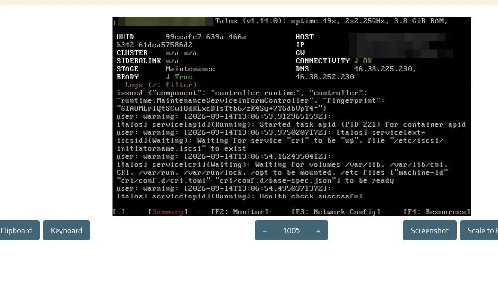Talos v1.14.0 console in maintenance mode on a netcup VPS, READY true