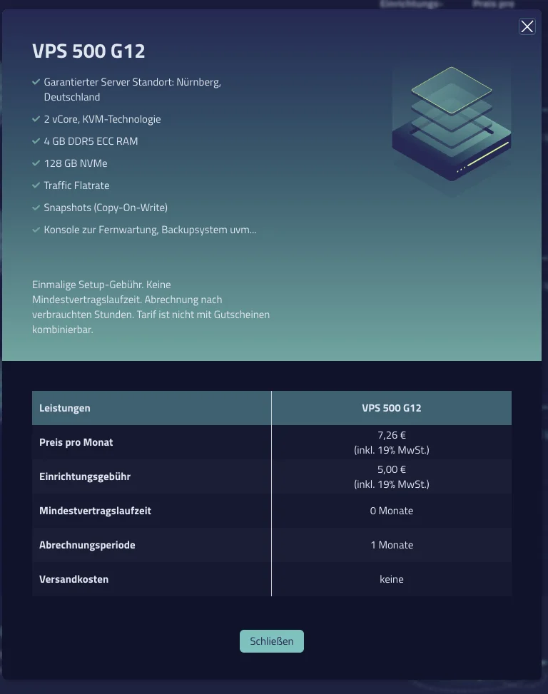 netcup VPS 500 G12 order dialog: 2 vCore, 4 GB DDR5 ECC RAM, 128 GB NVMe, traffic flat rate